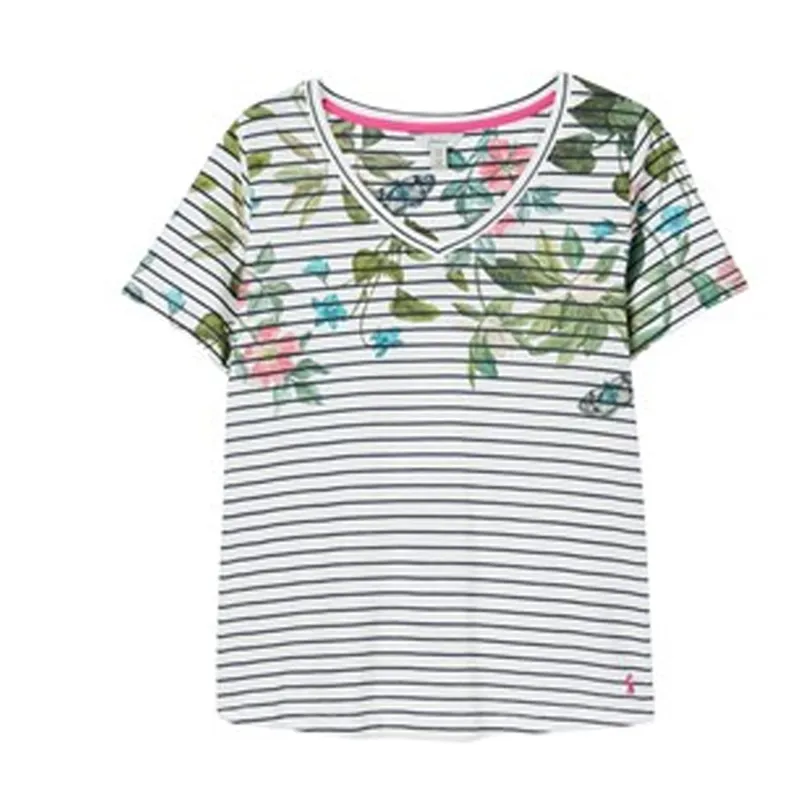 Joules Celina Print V Neck T-Shirt - Cream Navy Floral Stripe